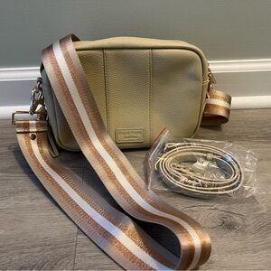 Beige Crossbody Bag with Striped Strap